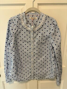 Boden Blue Polka Dot Ruffle Collar Shirt top button up cotton striped 10 uk 14